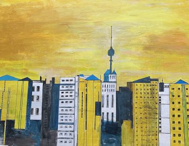 Schilderij "Stad in Geel en Blauw" door Marianne — Kunstcollectief Zaalberg