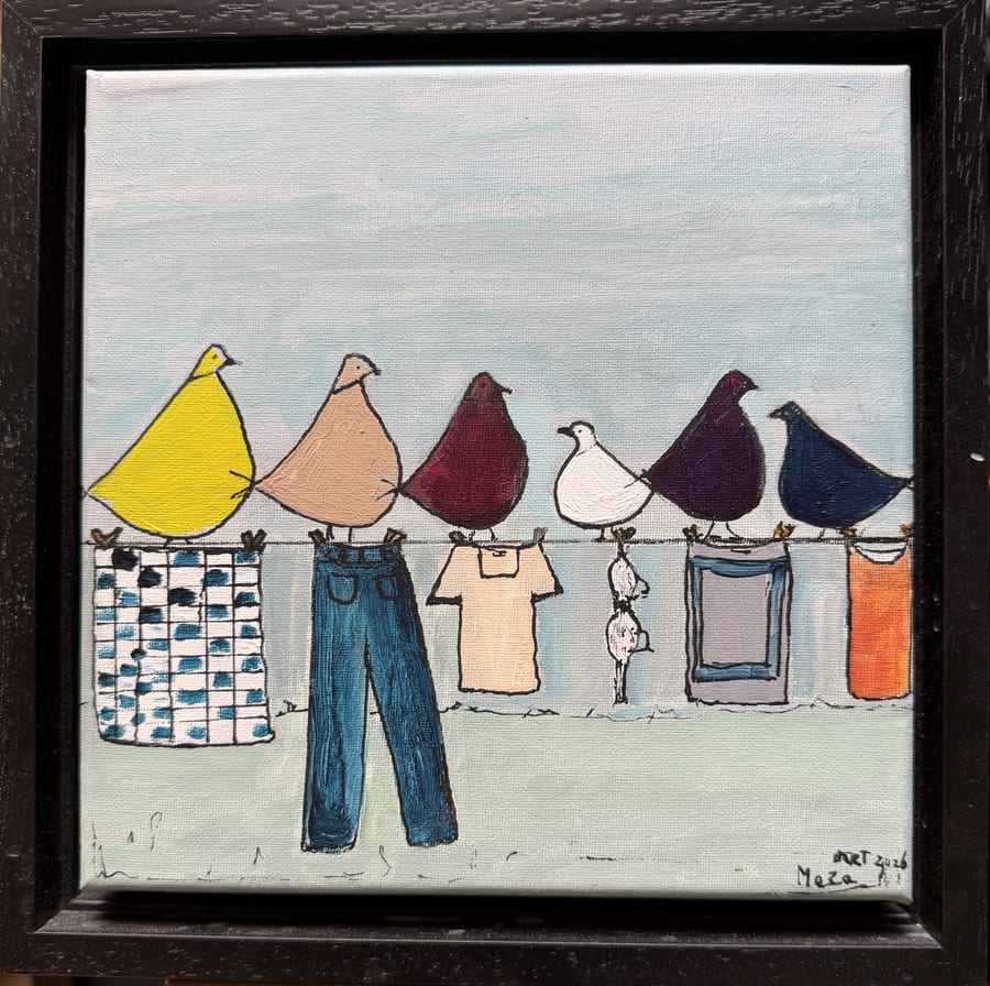 Schilderij "Vogels op de Waslijn" door Marianne — Kunstcollectief Zaalberg